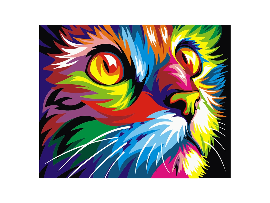 Tela con diseño para colorear por números, 40 x 50 cm. Estampado de gatos multicolor. Incluye pinzas y las pinturas necesarias.