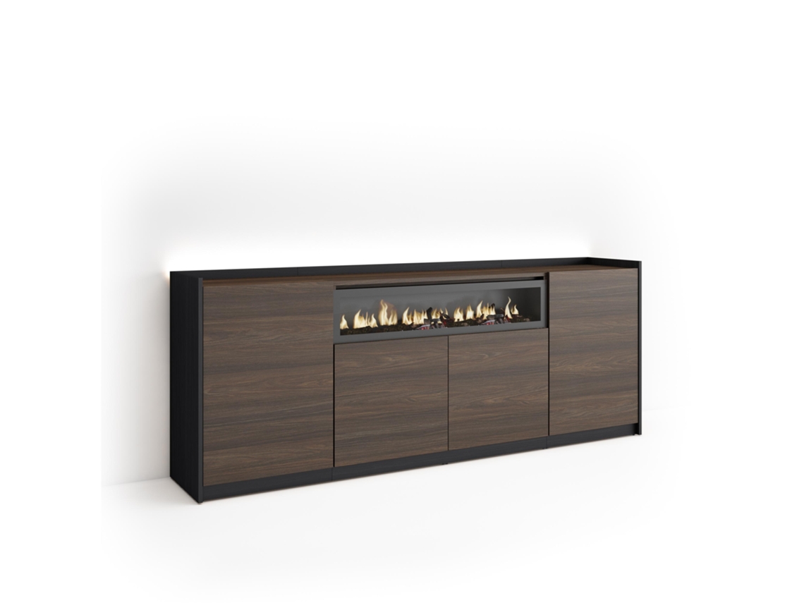 Aparador Para Salón, 207x37x80cm, 4 Puertas, Chimenea Eléctrica, Led, Roble Oscuro Y Negro