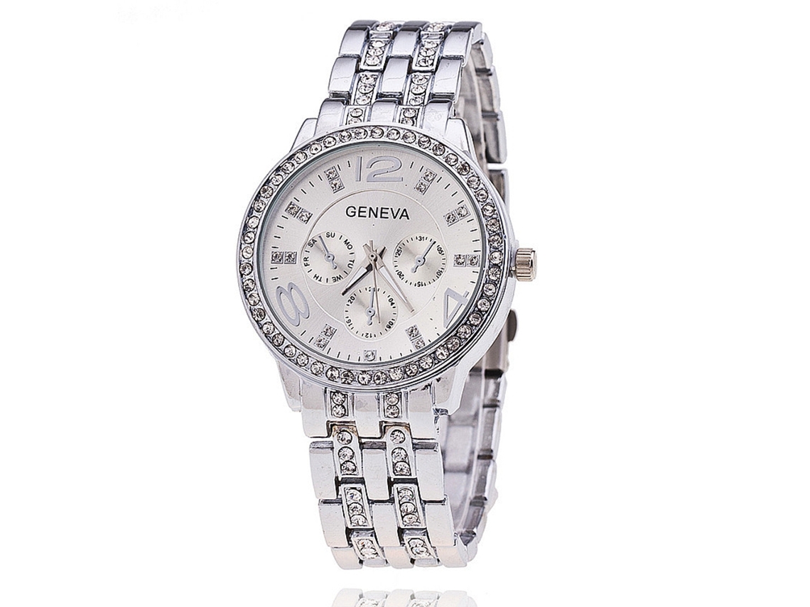 Reloj Mujer De Negocio Con Strass Correa De Acero Display Analógico Cuarzo Blanco