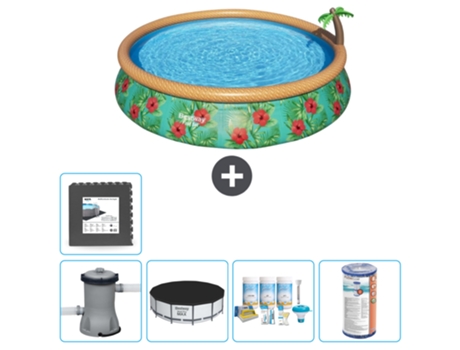 Piscina Hinchable Redonda Fast Set BESTWAY - Estampado Paraíso - 457 x 84 cm - Bomba Incluida Cubrir - Paquete de mantenimiento - Filtrar - Baldosas