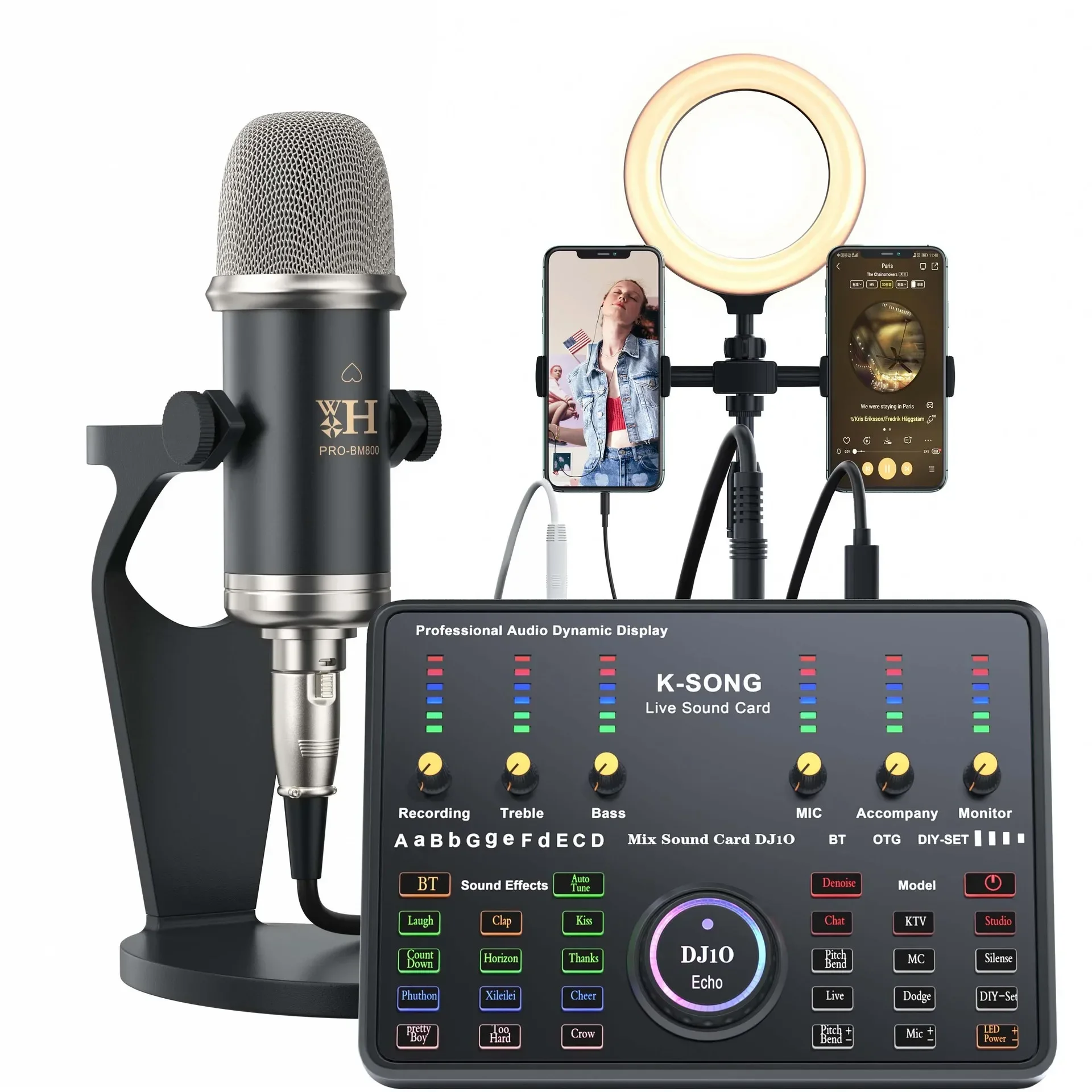 Kit de tarjeta de sonido (redonda, negra y plateada) Micrófono de condensador de estudio