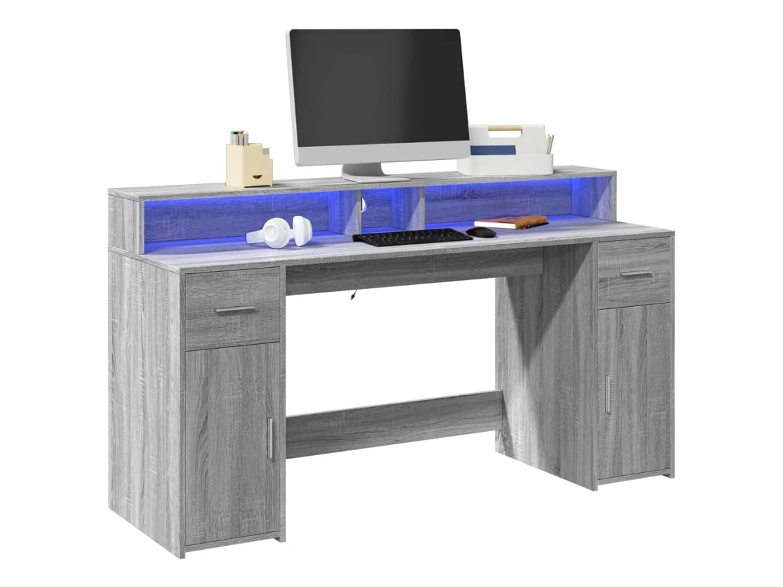 Escritorio con LED madera ingeniería gris sonoma 160x55x91 cm