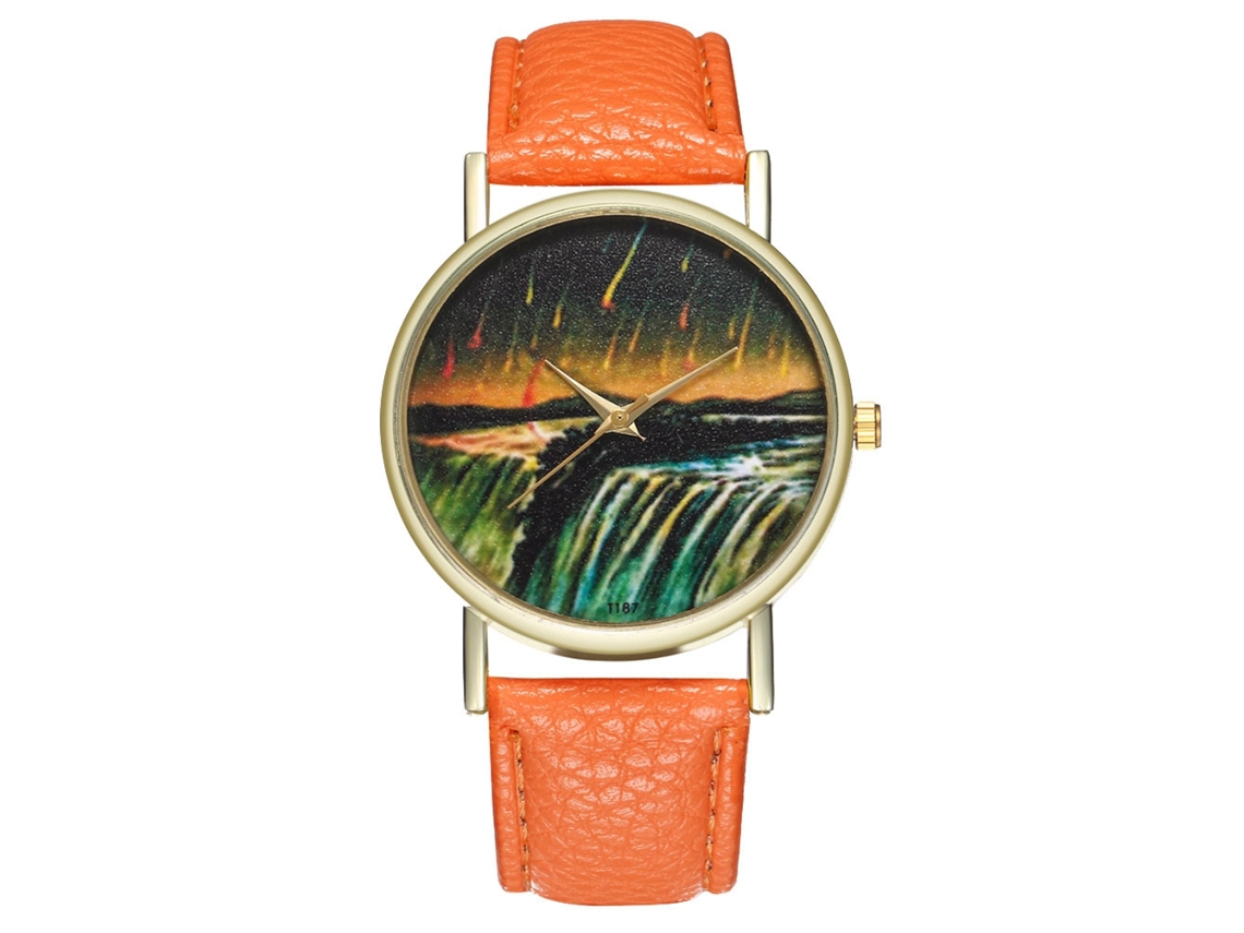 Reloj De Pulsera Unisex Con Correa De Piel Sintética Y Diseño De Esfera De Meteorito Naranja.
