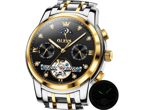 VEANXIN Reloj Automático para Hombre Tourbillon con Diamantes Fase Lunar Reloj para Hombre Luminoso de Acero Inoxidable de Dos Colores Resistente a...