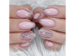 Uñas Postizas Pequeñas De Presión, Punta Francesa, Ovaladas, Con Purpurina, Rosa Brillante, Con Pegatinas, 24 Unidades.