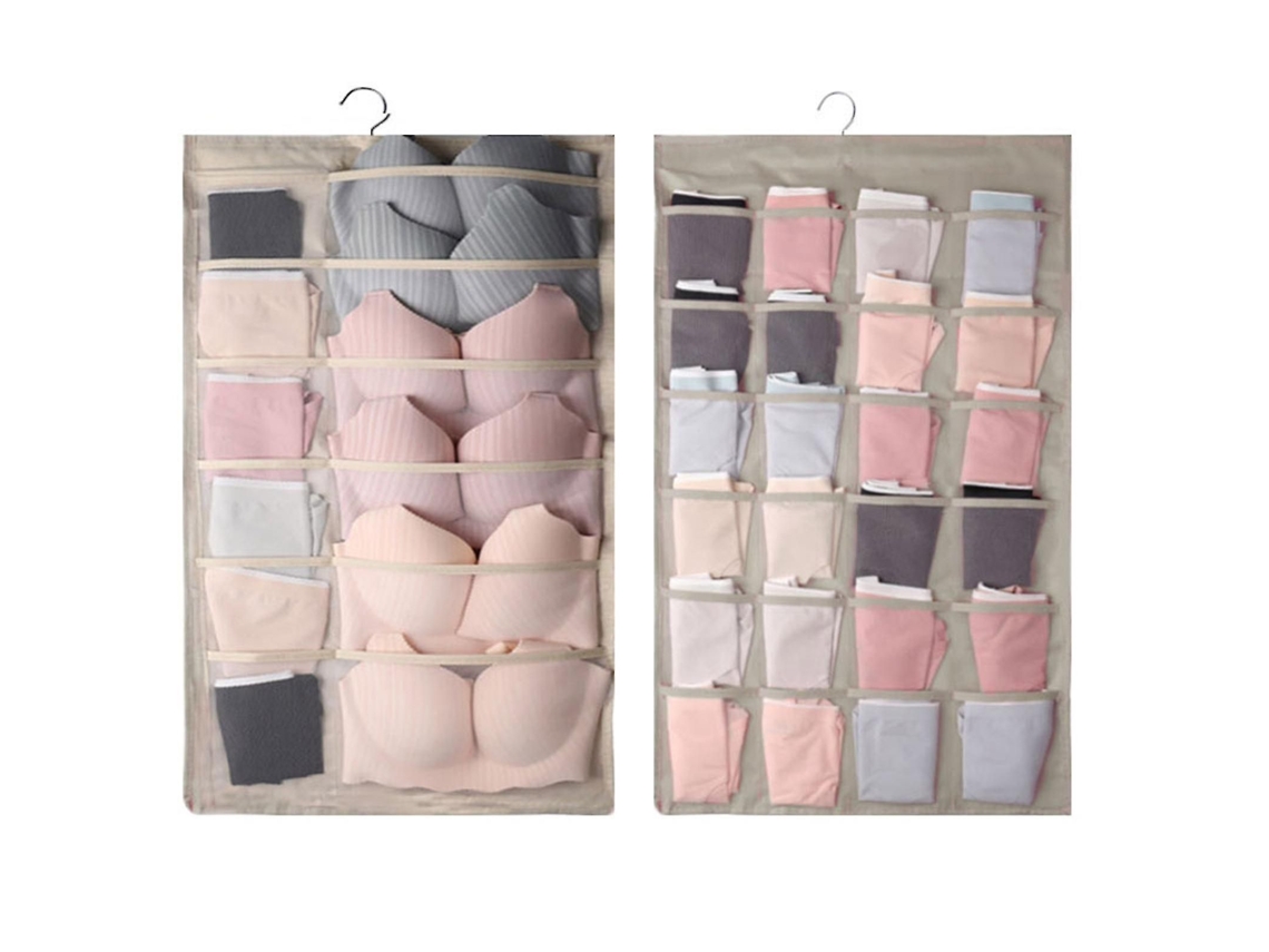 Organizador de ropa interior de doble cara para colgar sujetadores, bragas y calcetines, bolsa de almacenamiento beige.