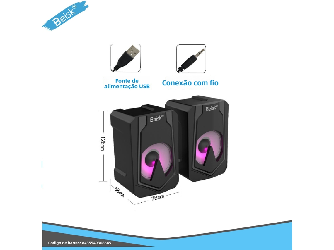 Altavoz de escritorio con cable Beisk con fuente de alimentación USB e interfaz de audio de 3,5 mm.