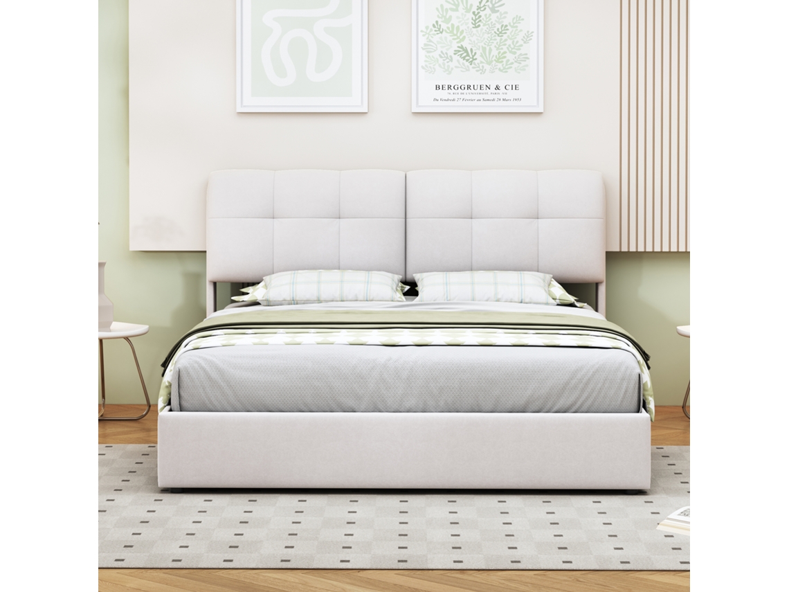 Cama Nido Matrimonial 160x200 Cm Con Led Y Almacenaje Hidráulico - Cabecero Felpudo, 7 Colores - Fácil Montaje - Minimalista Blanco Beige