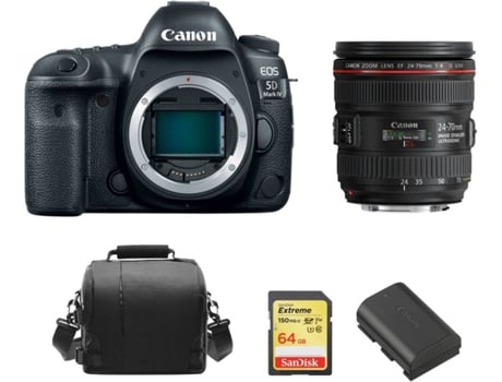 Cámara Reflex CANON EOS 5D IV + Objectivo EF 24-70mm F4L IS USM + Tarjeta SD 64GB + Bolsa + Batería LP-E6N (Full Frame)