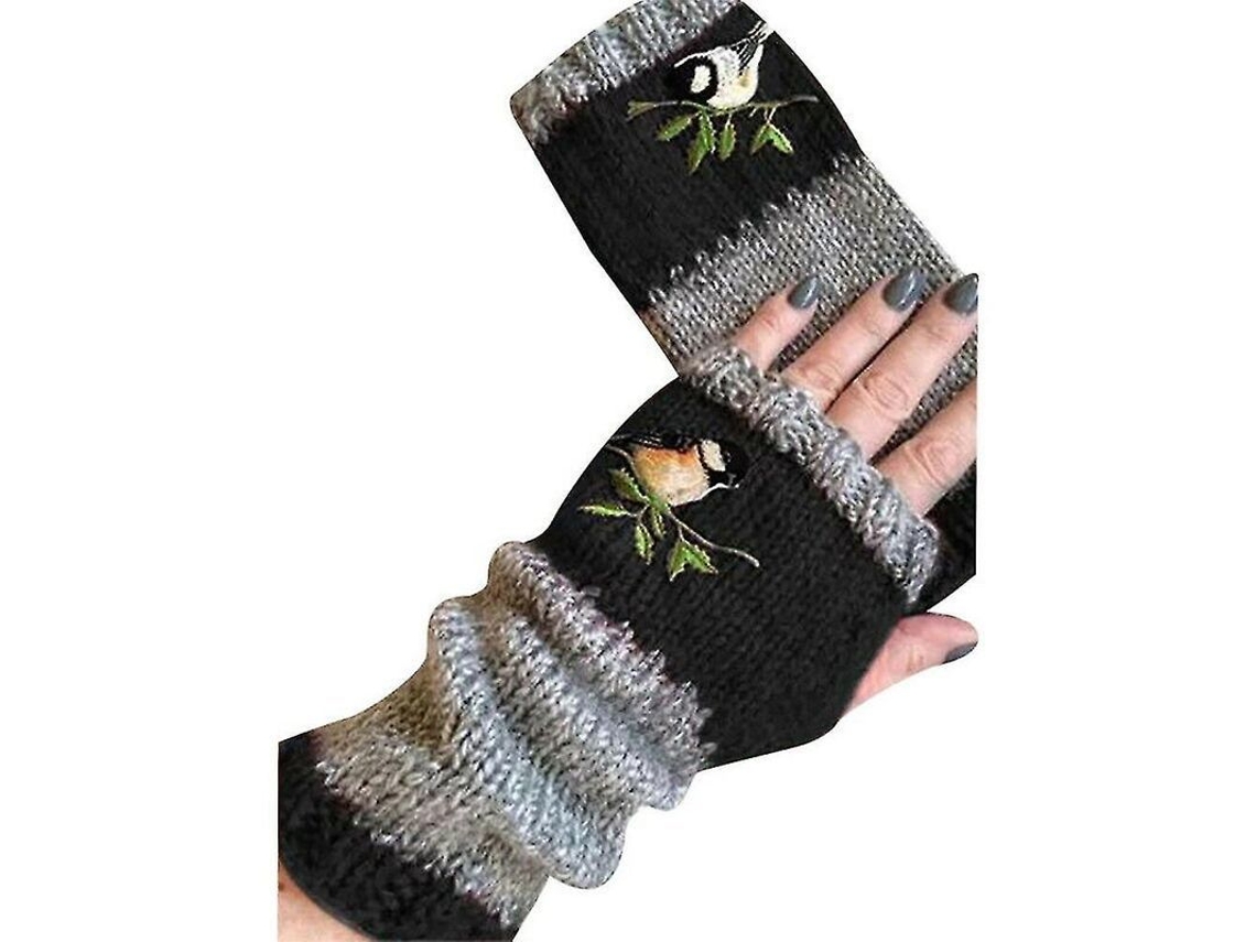 2026-guantes Sin Dedos Tejidos Calientes Para Mujeres Con Bordado De Aves