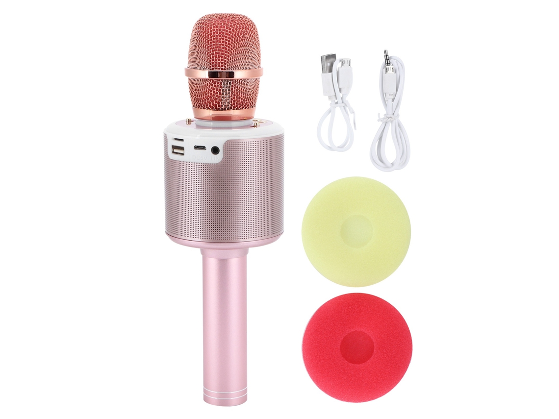 Microfone Sem Fio Bluetooth 2 Em 1 Com Alto-falante Luz Led Para Karaokê Residencial Rosa