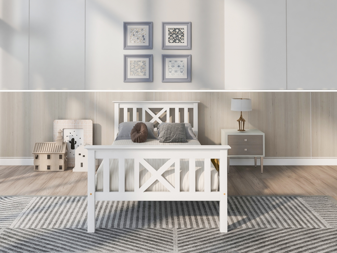 Cama de madera maciza con somier de láminas 90x200 cm estilo blanco