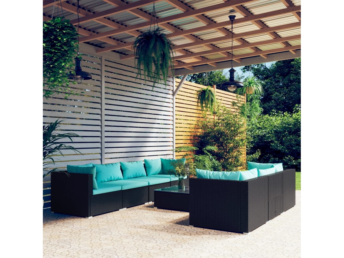 Conjunto de jardín de 8 piezas con cojines, mimbre sintético negro, DKD Home Decor