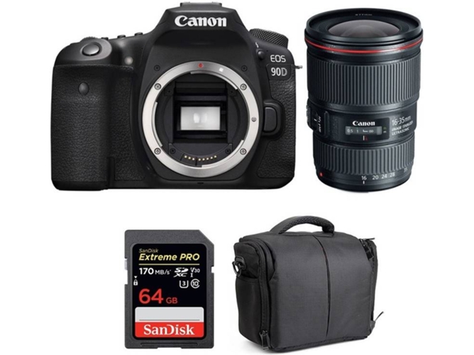 Kit Cámara Réflex CANON EOS 90D + EF 16-35mm f/4L IS USM + SanDisk 64GB + Bolsa