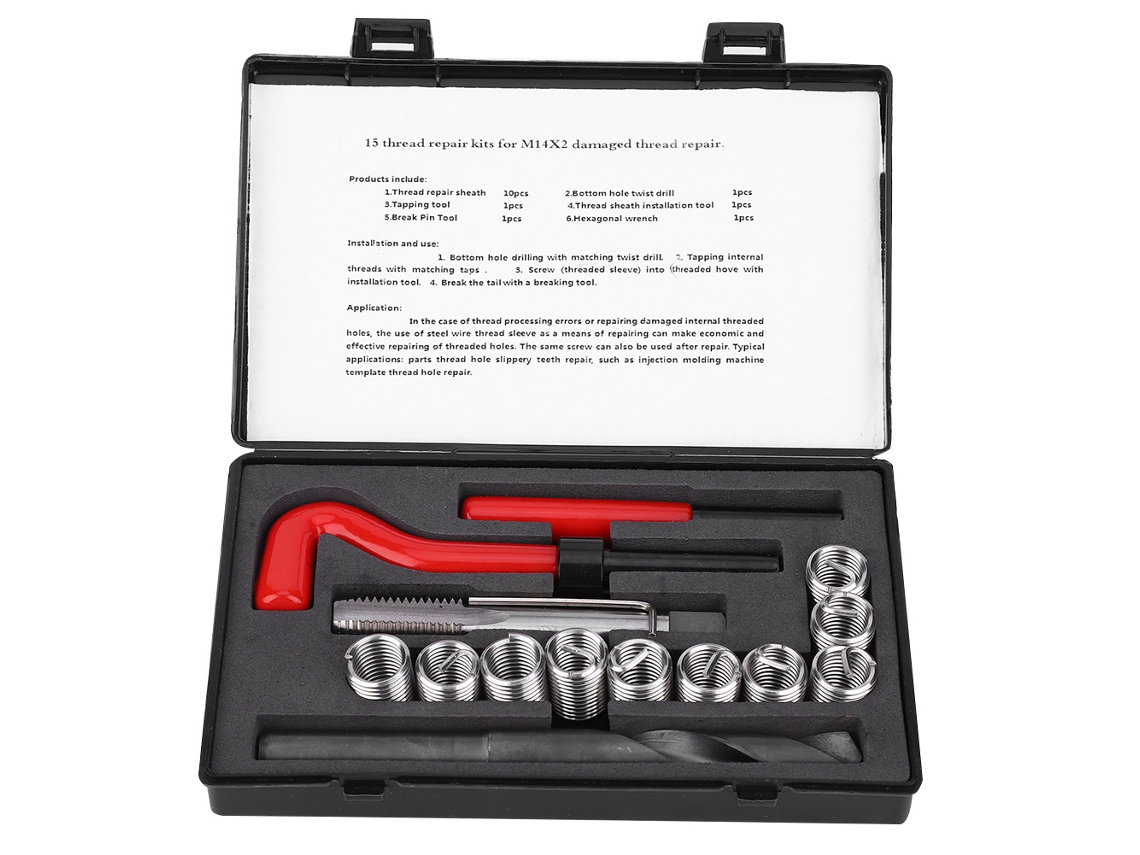 Kit De Reparación De Roscas De Acero Inoxidable Con Broca Helicoidal, Llave Inglesa E Inserto Roscado Para Rosca De Automóvil M14x2, 15 Piezas.