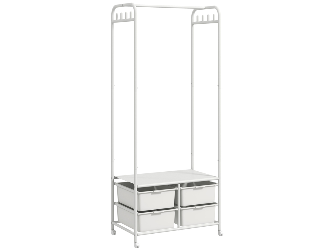 Zapatero Blanco Con Ruedas, 8 Ganchos, 4 Cestas, Para Recibidor/pasillo, 63x37x153 Cm.