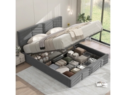 Cama Doble De 140x190 Cm Con Almacenamiento Hidráulico, Cabecero Regulable, Diseño A Rayas, Terciopelo Gris, Colchón No Incluido.