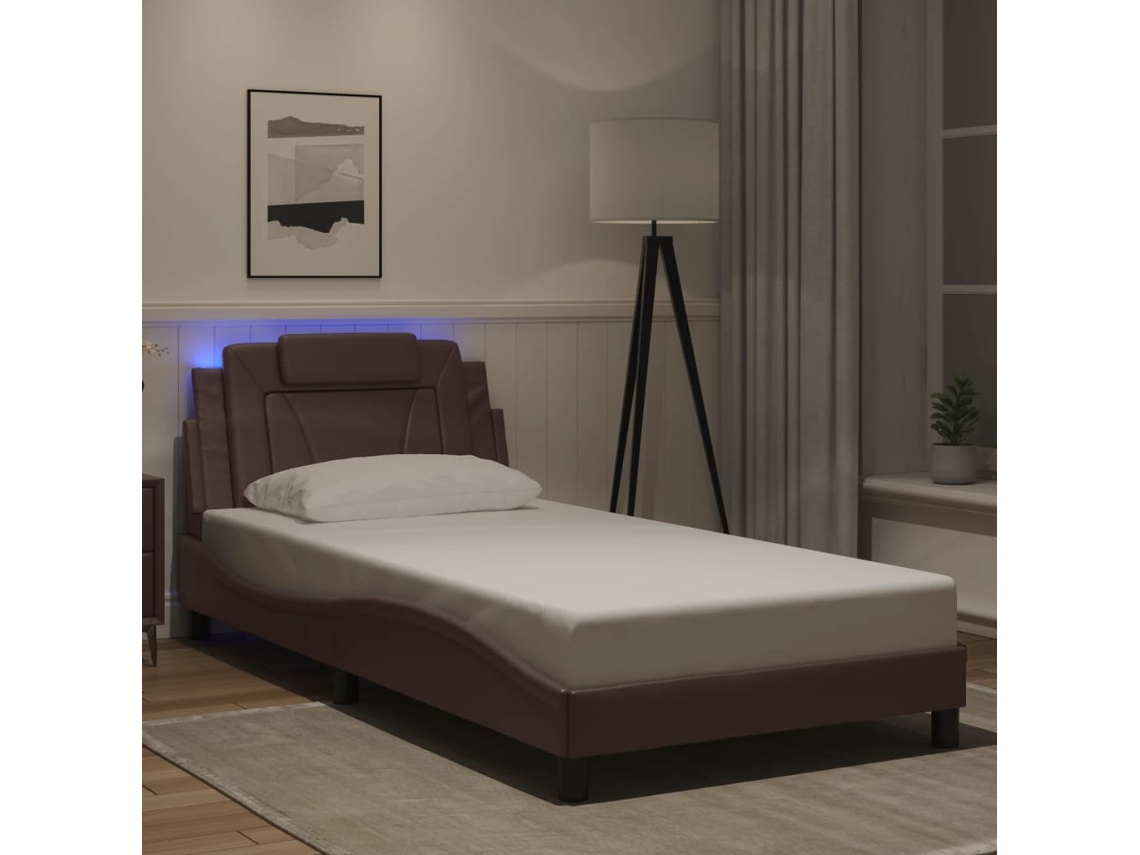 Estructura Cama Con Luces Led Cuero Sintético Marrón 100x200 Cm