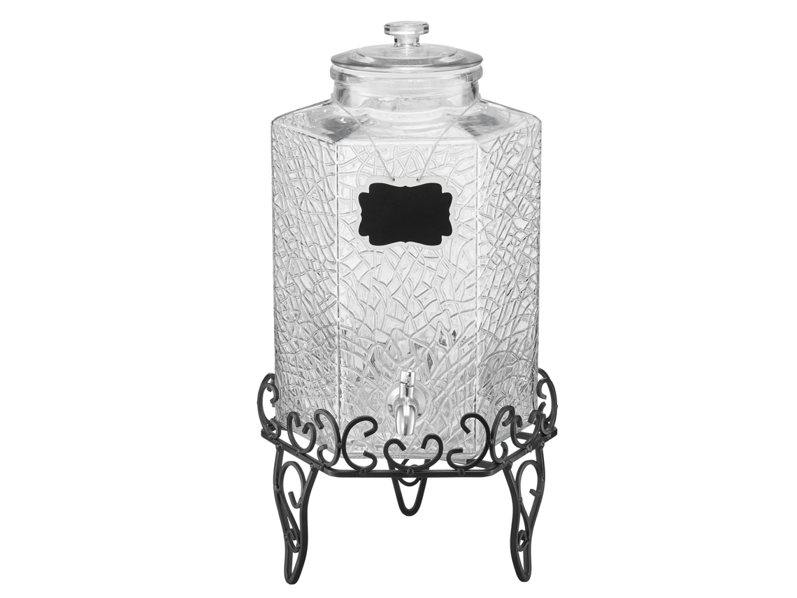 Dispensador de bebidas de vidrio para fiestas Succebuy de 10 litros con soporte de metal