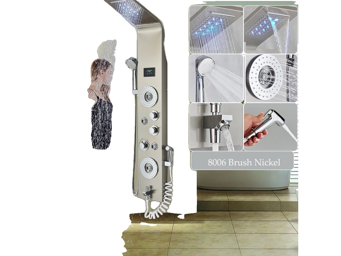 Panel de ducha LED con control de agua fría y caliente, diseño moderno, níquel cepillado 8006 OEM