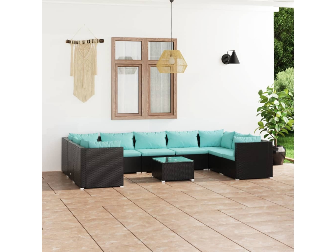 Conjunto de jardín de 10 piezas con cojines en mimbre sintético negro de DKD Home Decor