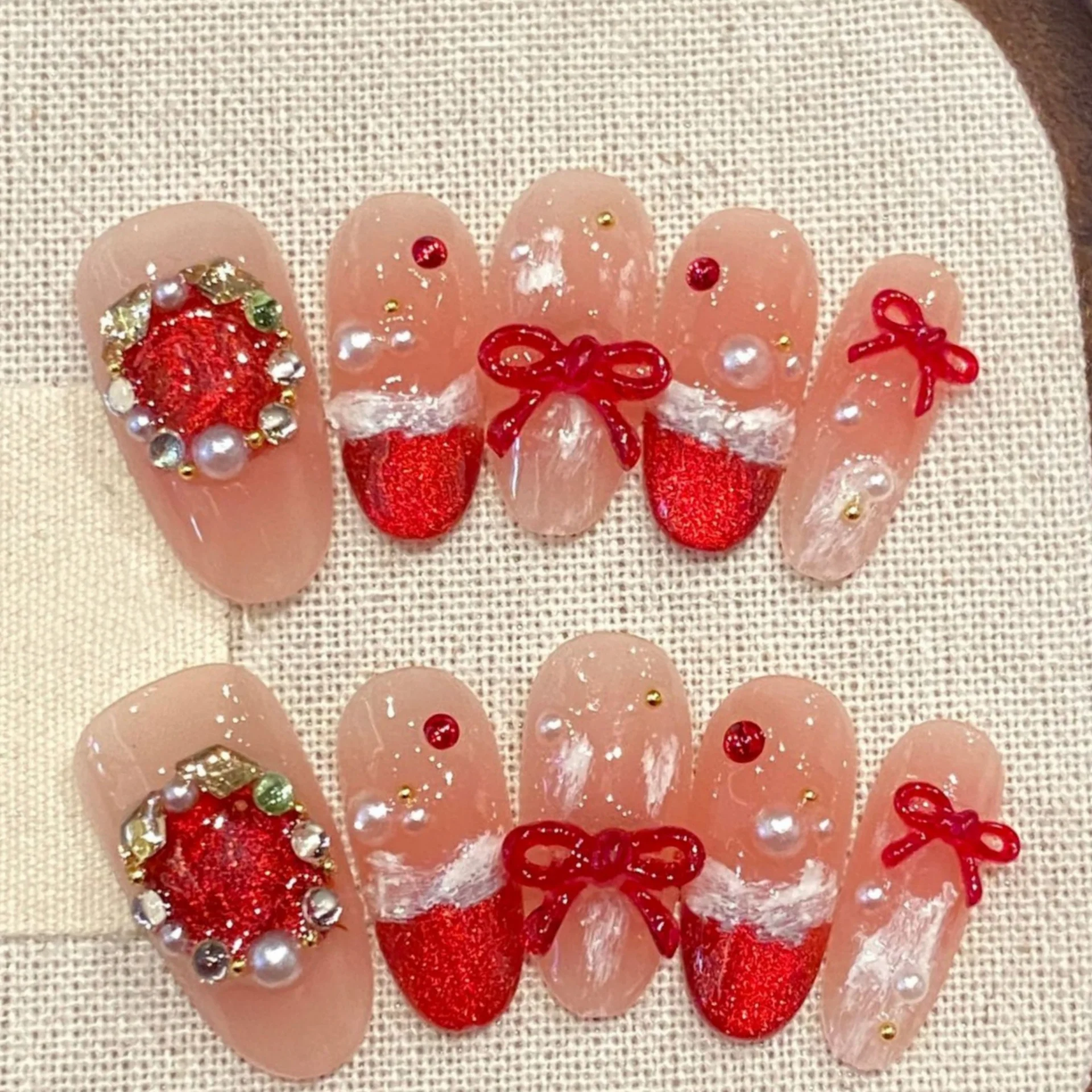 (2403-l) 10 Pegatinas De Uñas Postizas Rojas Estilo Ojo De Gato Hechas A Mano - Arte De Uñas De Presión