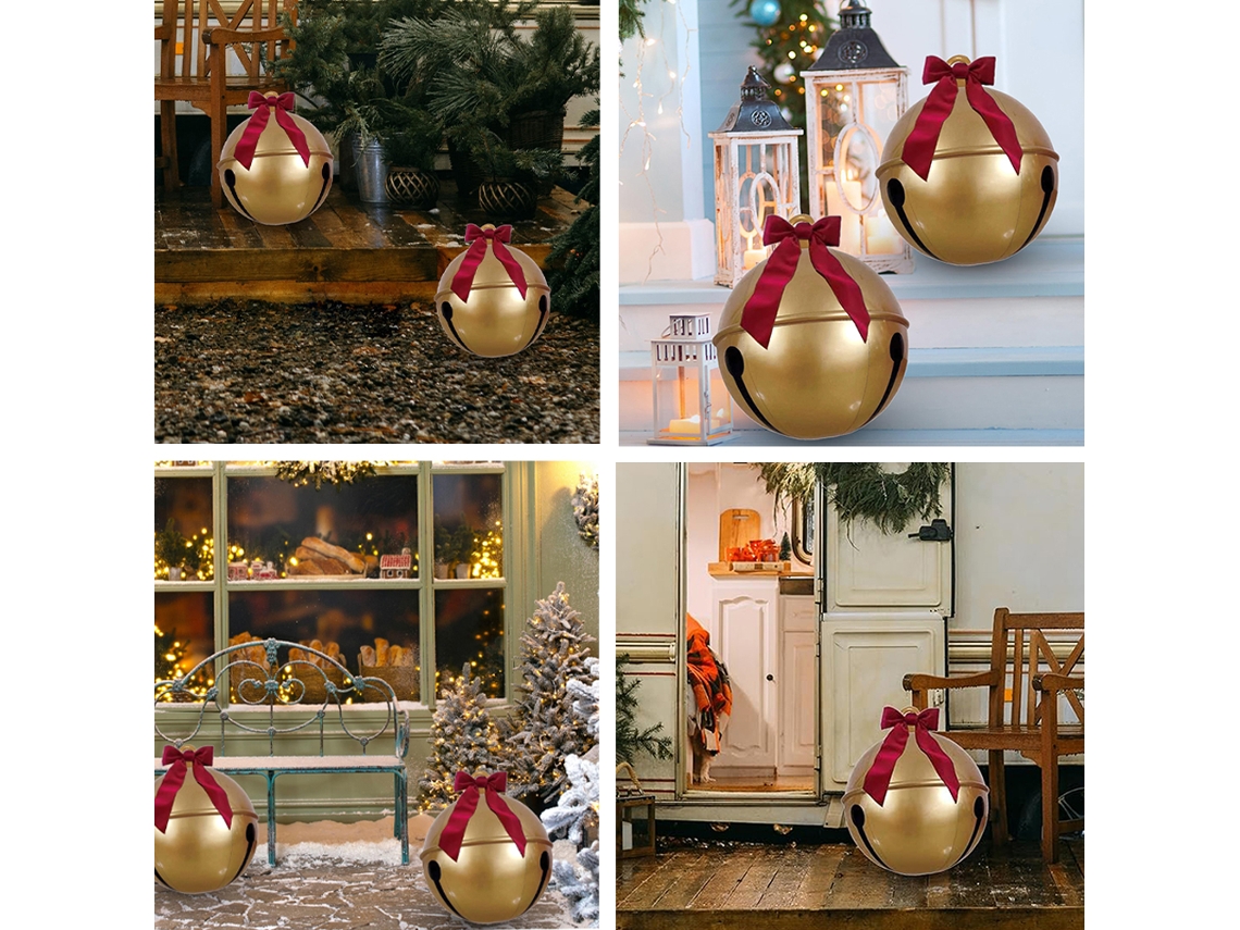 Bola Navideña Inflable Grande De 60 Cm Con Campana Y Cinta Roja, Decorativa Para Jardín Y Exteriores, Fabricada En Pvc.