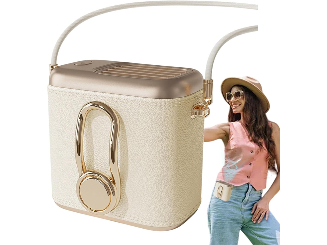 Ventilador de correa (beige) – Tres velocidades, recargable, incluye clip, bolsa de almacenamiento y correa para la muñeca.