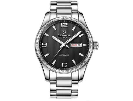 VEANXIN Reloj mecánico de dos tonos de acero inoxidable resistente al agua con cuerda automática para hombre-Negro