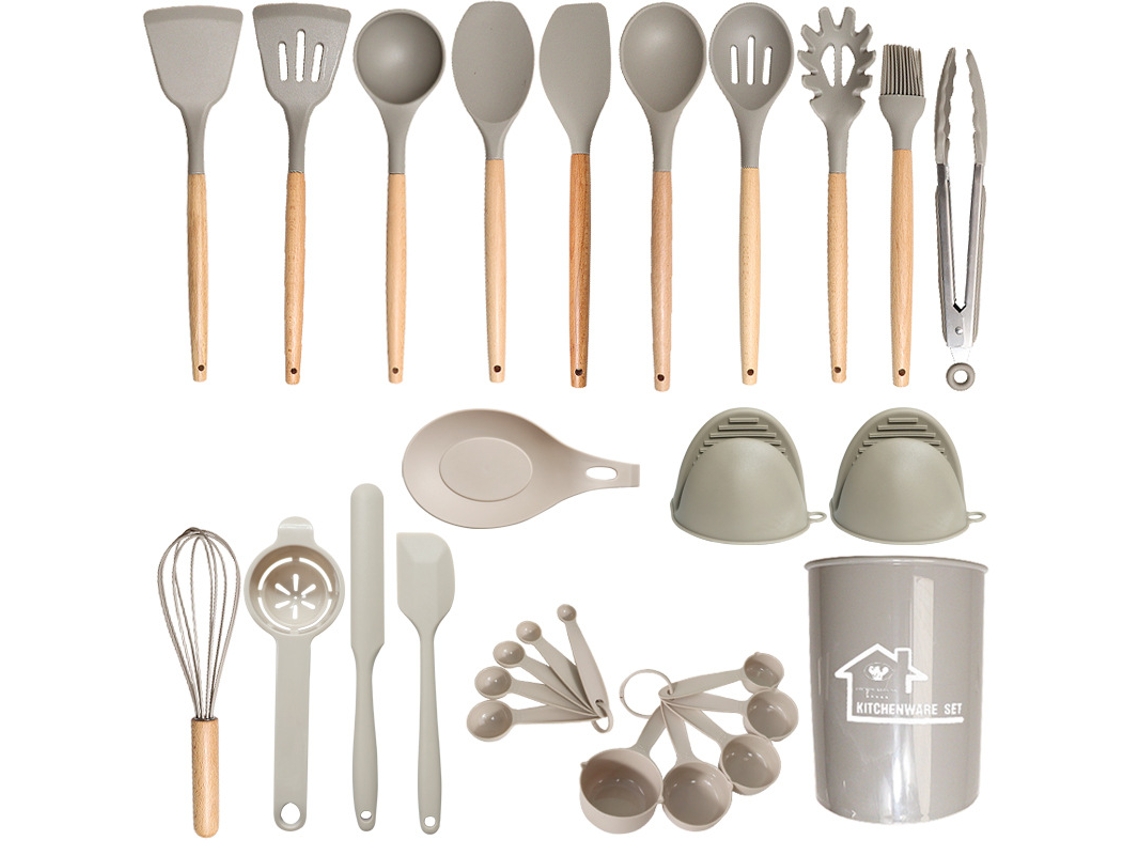 Juego de utensilios de cocina de silicona antiadherente Cuich, resistente a altas temperaturas y con mango antiescaldaduras (caqui)