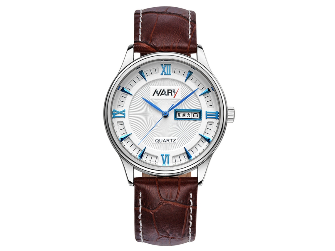 Reloj De Pulsera Para Hombres Nary Con Calendario Dial De Cuero Moda 01