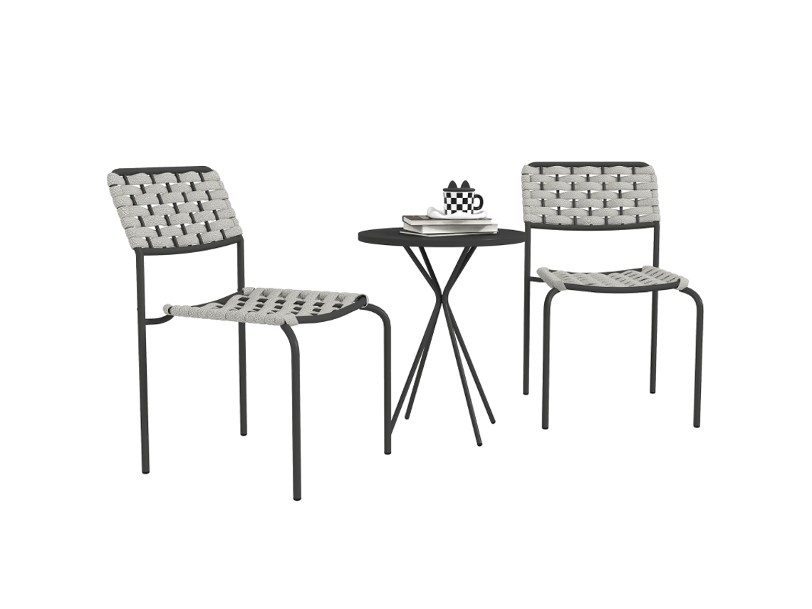 Conjunto De 3 Piezas De Poliratán Con 2 Sillas Apilables Y Una Mesa Gris.