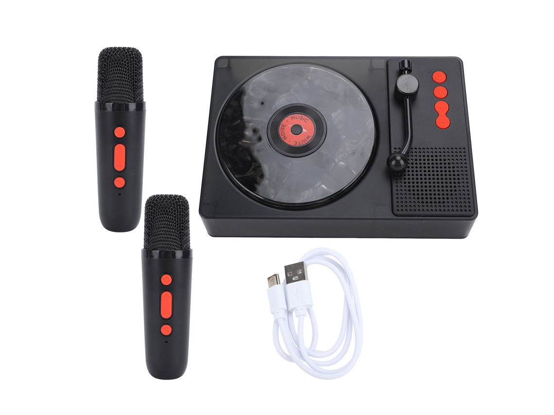 Tocadiscos de vinilo retro (micrófono inalámbrico, luz nocturna)