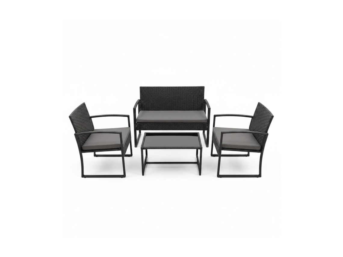 Relaxdays Set Jardín 4 Pzs Ratán, 4 Pers., Banco 2 Plazas, 2 Sillas, Mesa De Cristal, Lounge Exterior, Negro