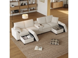 Sofá en forma de U 315x81x135 cm con 2 pufs, mesa, 2 portavasos, puerto USB y enchufes - Muebles Beige