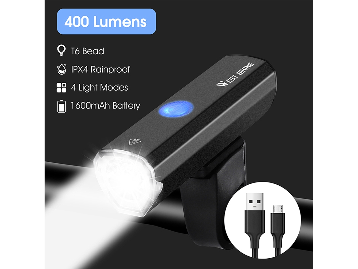 Luz De Bicicleta De Aluminio De 400 Lúmenes, Recargable Por Usb, Resistente Al Agua Ipx4, Lámpara De Seguridad Para Ciclismo.