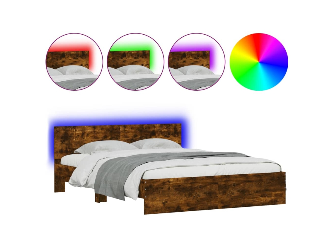 Maison Exclusive - Estructura De Cama Cabecero Y Luces Led Roble Ahumado 160x200cm