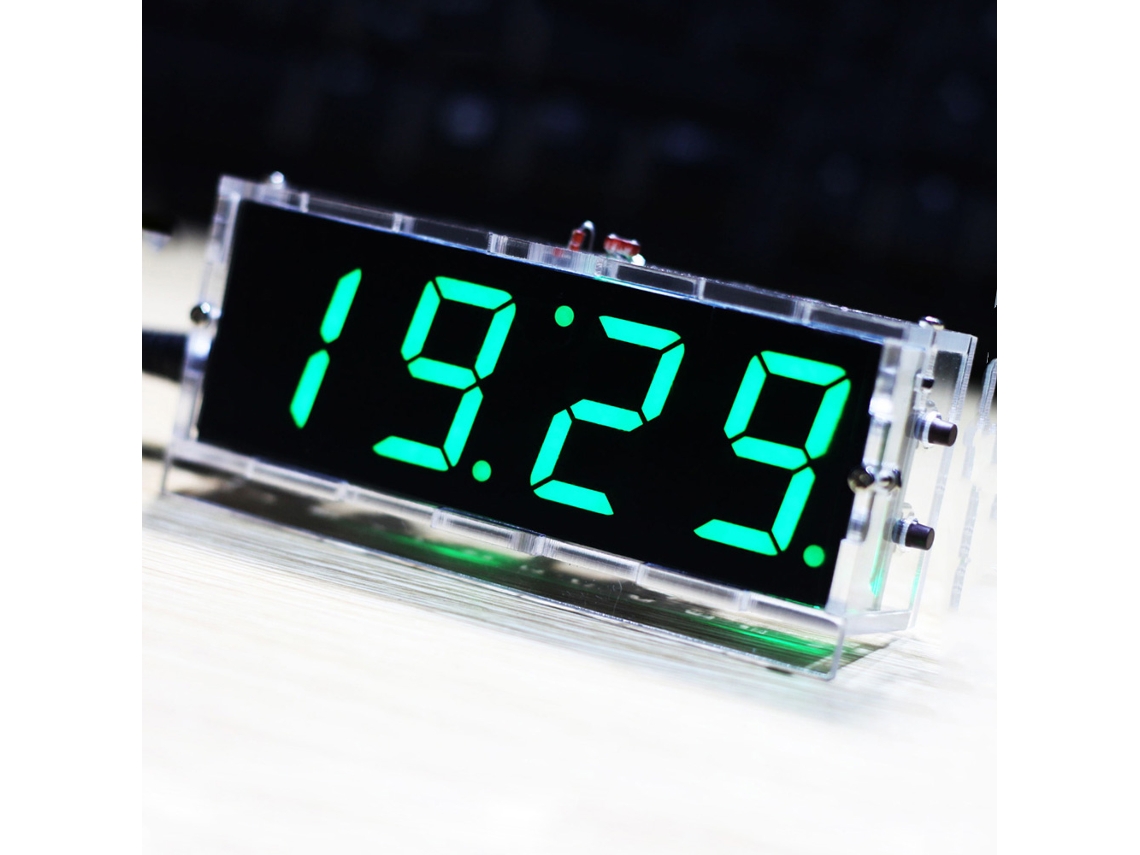 Kit de relógio digital LED de 4 dígitos Veloriskku-diy com controle de luz, temperatura e caixa transparente.