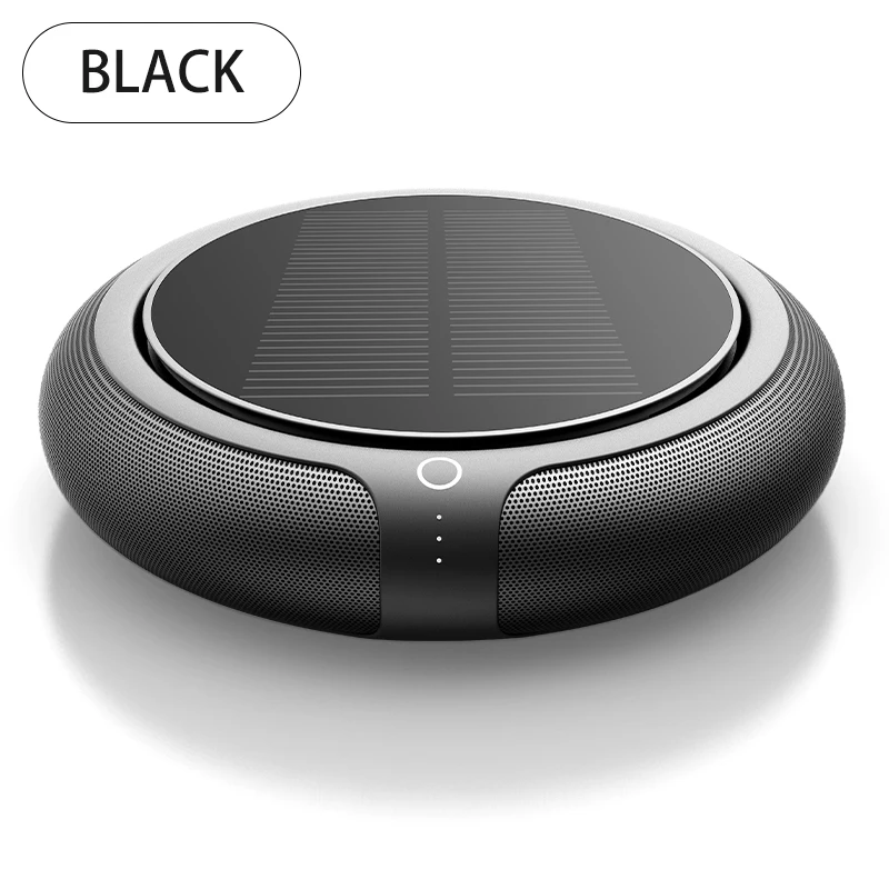 Purificador de aire (negro) con humidificador y funciones de aromaterapia. Elimina el formaldehído y los malos olores. Funciona con energía solar.