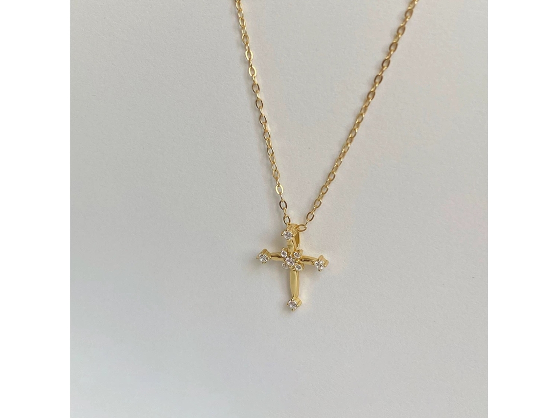 (oro) Diseño De Cruz Francesa En Plata De Ley 925, Atmosférico, Collar Con Colgante De Mini Cruz Y Flor.