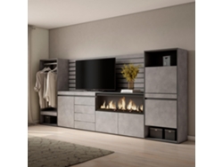 Aparador, 334x145x35 cm, Dormitorio, habitación, Chimenea eléctrica XXL, Cómoda, Cajonera, Zapatero, Vestidor abierto, Cemento SKRAUT HOME
