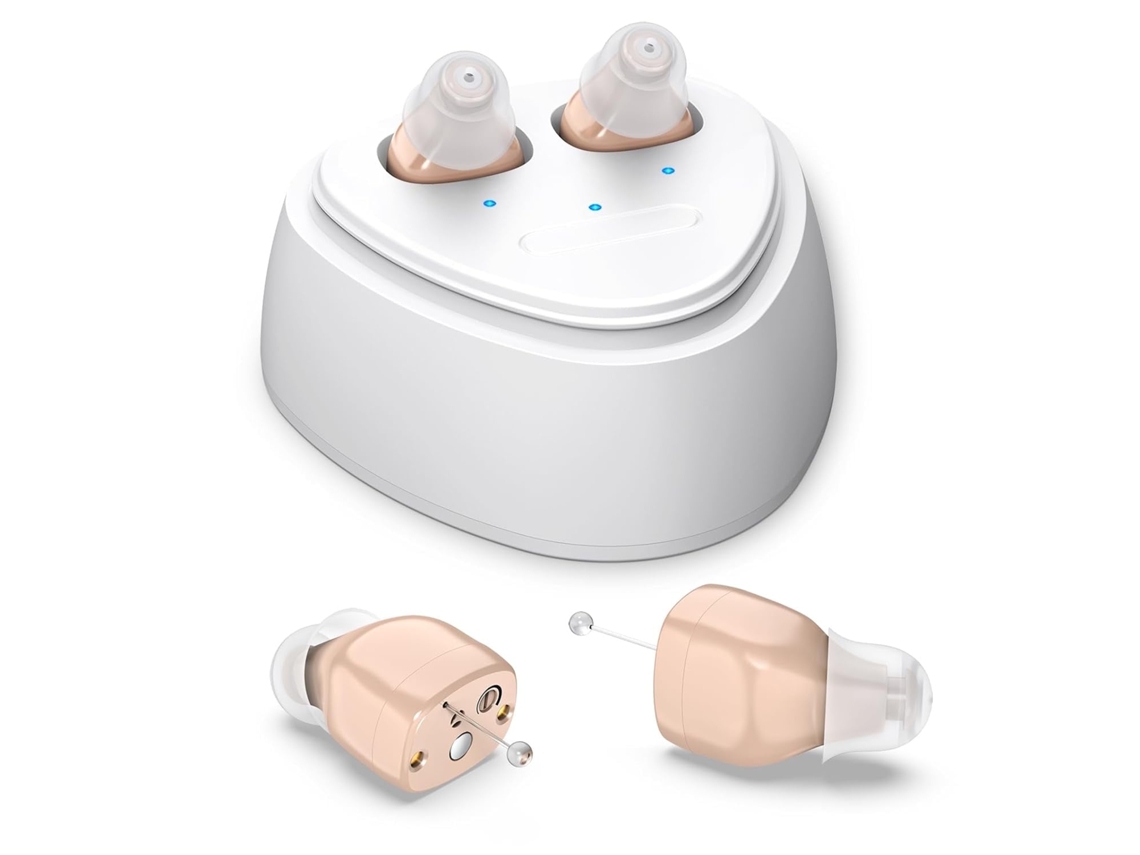 Audífonos recargables para adultos mayores, con cancelación de ruido, amplificador intraauricular y estuche magnético (blanco).