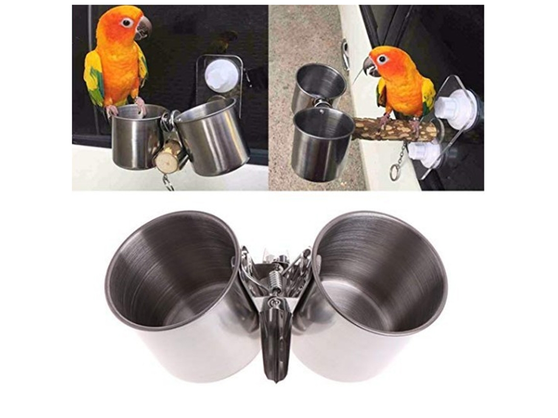 Comedero De Acero Inoxidable Para Pájaros Pequeños Con Bebedero Y Soporte Para Jaula.