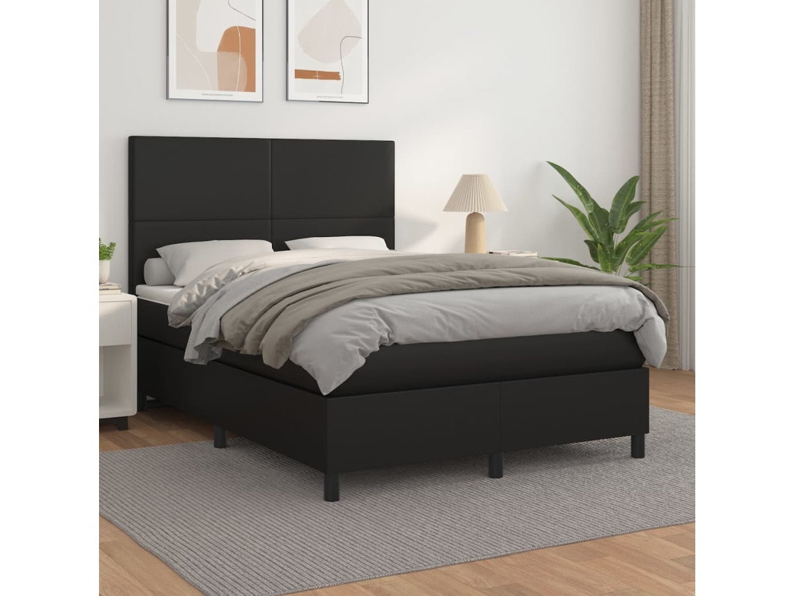 Cama Box Spring Con Colchón Cuero Sintético Negro 140x200cm