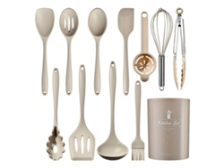 Juego de utensilios de cocina de silicona, aptos para sartenes antiadherentes, 12 piezas. Color caqui. Silicona (libre de BPA).