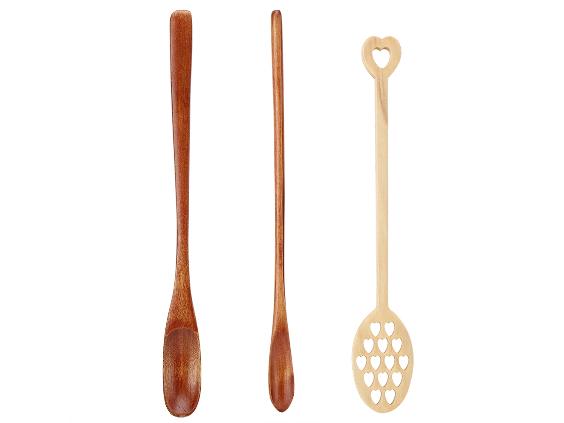 Juego De 3 Cucharas De Madera De Mango Largo Para Remover Café, Leche Y Miel: Planas, Delgadas Y Con Forma De Corazón.