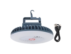 Ventilador LED portátil para camping con gancho magnético y conexión USB.