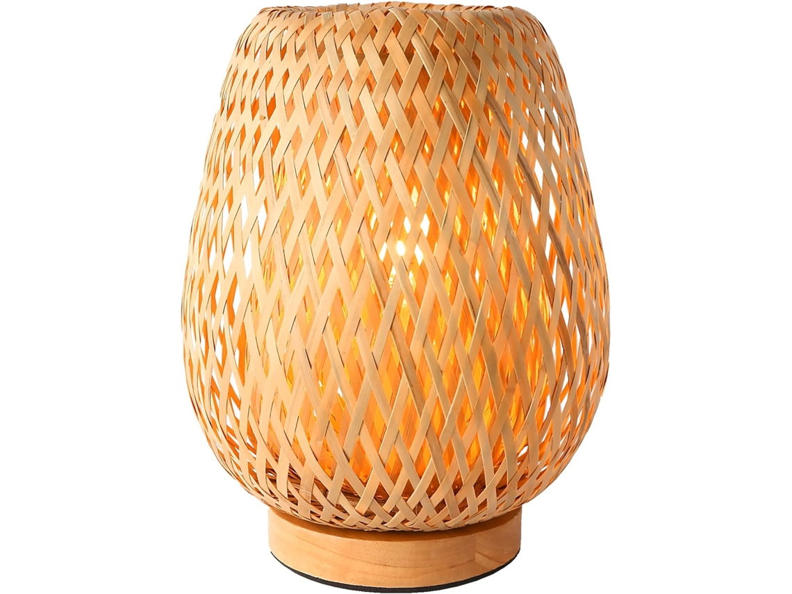 Lámpara de mesa decorativa con diseño zen japonés, lámpara de acento boho chic hecha a mano en bambú y ratán con base de madera, diseño intrincado.