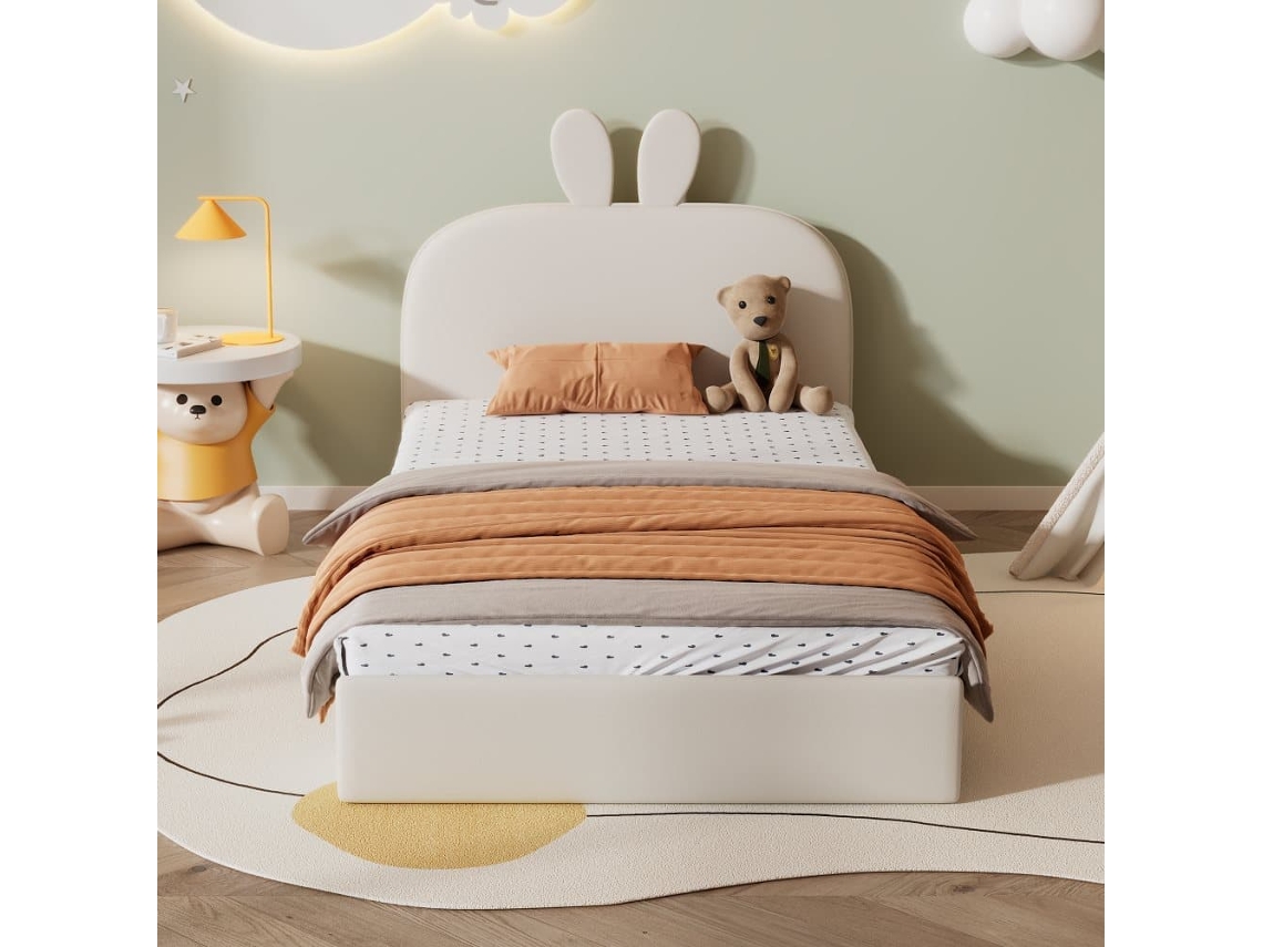 Cama Infantil 90x200cm Cama Acolchada De Terciopelo - Cabecero En Forma De Conejo - Con Somier - Beige