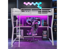 Cama Alta 90x200cm - Con Led, Escritorio, Toma Usb, Estante Para Consola, Escalera, Sin Colchón - Blanco